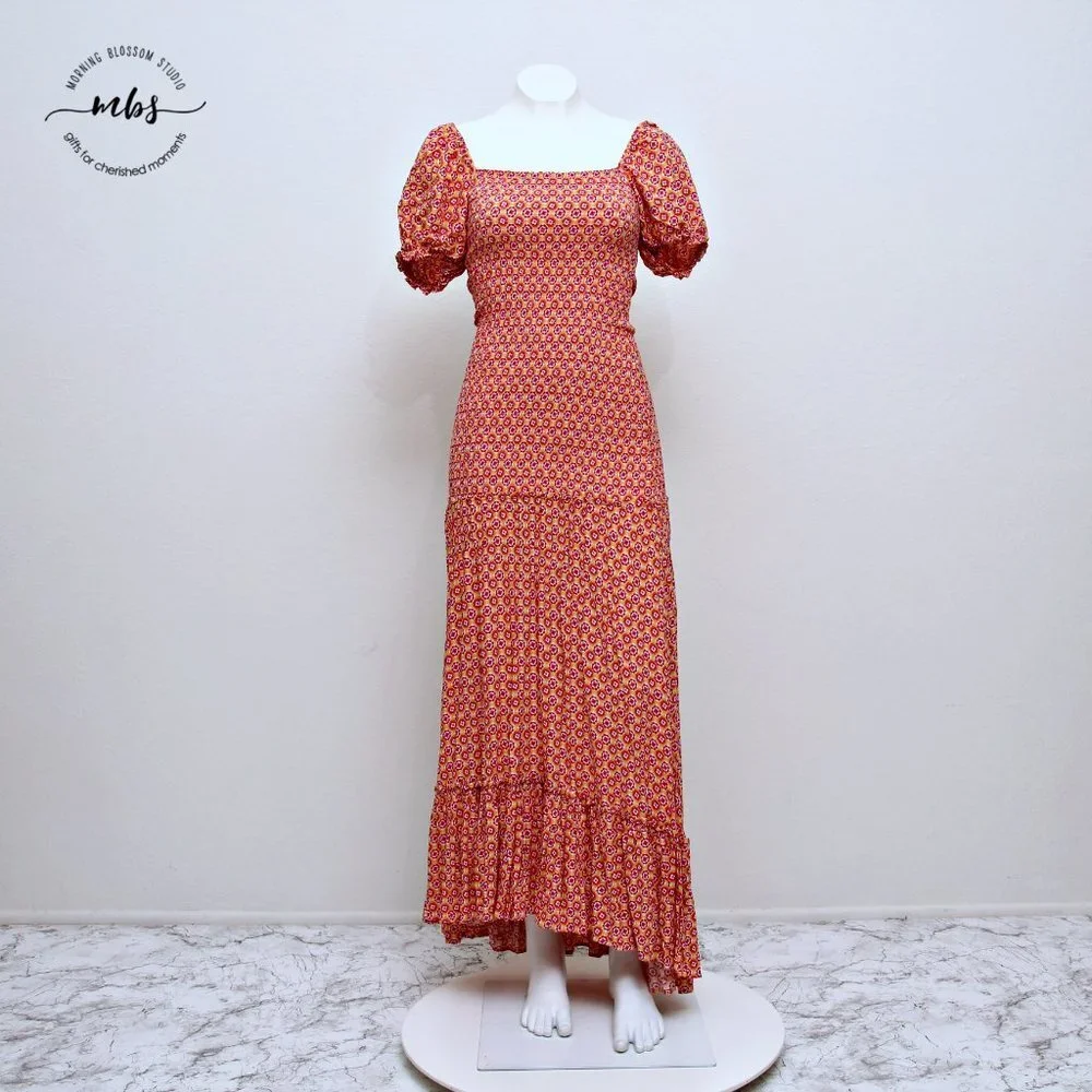 L*SPACE Simone Floral Square‎ Neck Short Sleeve Smocked High Low Maxi Dress - Picture 3 of 16